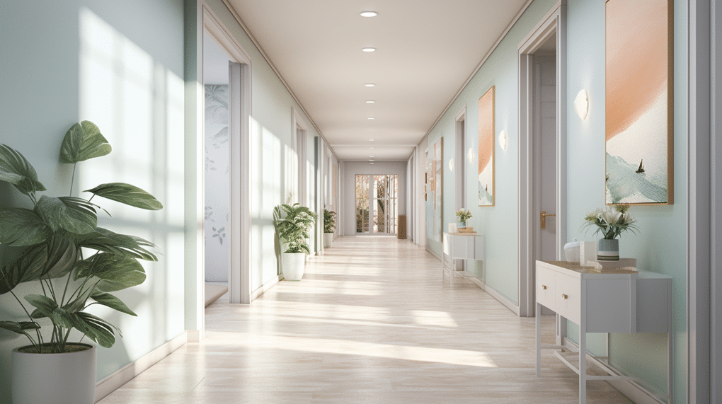 Un couloir visuellement élargi grâce à une sélection harmonieuse de couleurs claires et de touches de décoration raffinées