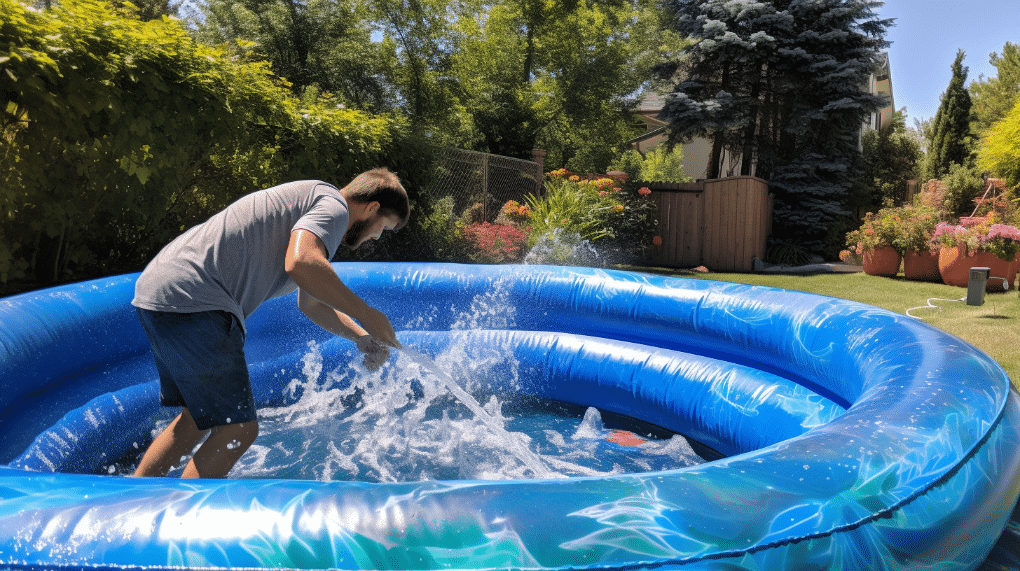 Une personne utilisant un tuyau d'arrosage pour remplir une piscine gonflable en suivant les meilleures pratiques pour assurer sécurité et plaisir lors de la baignade.