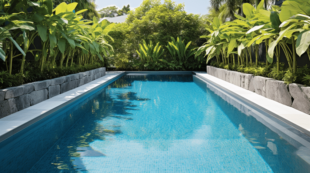 Une image représentant une piscine à l'eau cristalline, bordée de plantes verdoyantes. Le fond de la piscine est recouvert d'un liner qui imite l'apparence naturelle de la pierre de Bali, ajoutant une touche d'exotisme et d'élégance à l'espace. L'image évoque une parfaite harmonie entre la beauté naturelle et la modernité, illustrant l'esthétique et le charme qu'un liner pierre de Bali peut apporter à une piscine