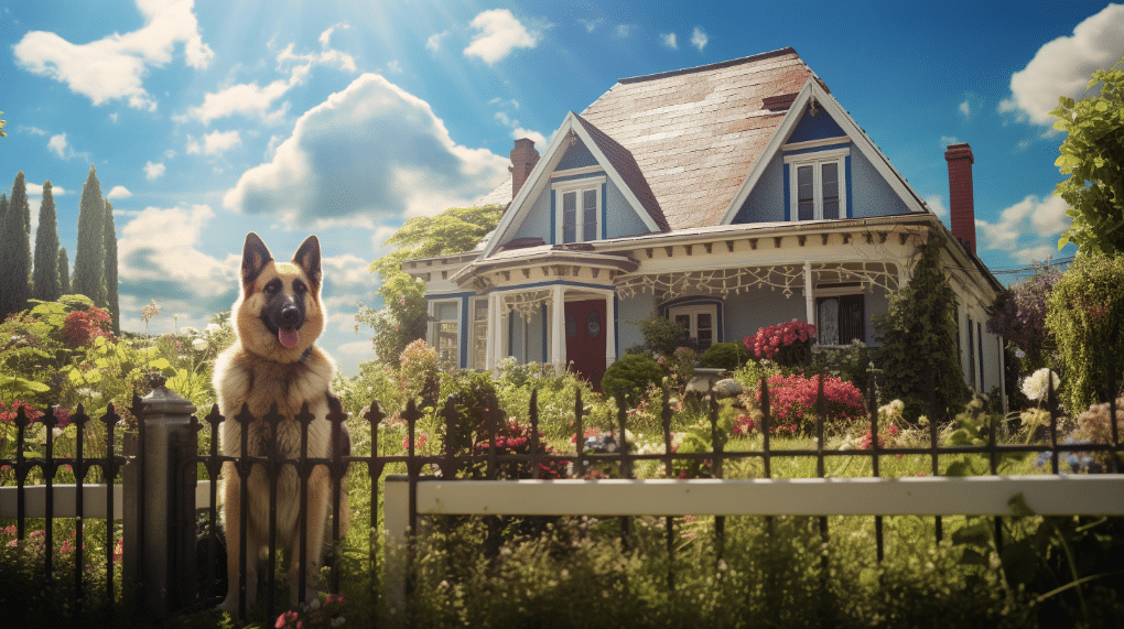 Une maison entourée d'une clôture robuste sous un ciel lumineux, dotée de fenêtres avec des volets solides et une porte d'entrée renforcée. Un chien de garde vigilant est visible dans le jardin, symbolisant une sécurité active mais discrète.