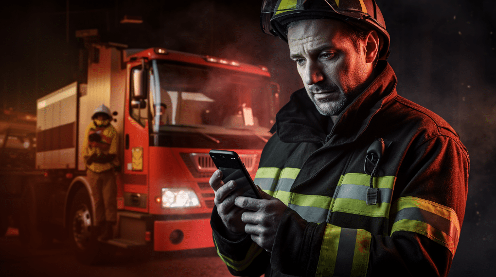 Une personne anxieuse tenant fermement un téléphone mobile, prête à appeler les services d'urgence, entourée d'icônes de la police, des pompiers et des services médicaux, sur fond d'une alarme sonore en France.