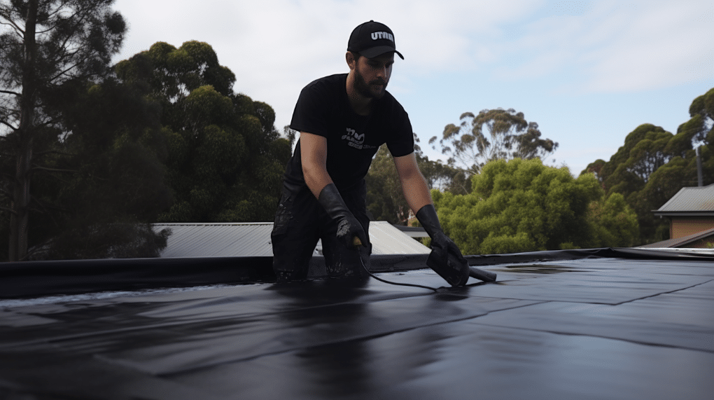 Une équipe de professionnels installant un système d'étanchéité sur un toit-terrasse, sous un ciel dégagé, assurant ainsi une protection durable contre les intempéries et les fuites d'eau.