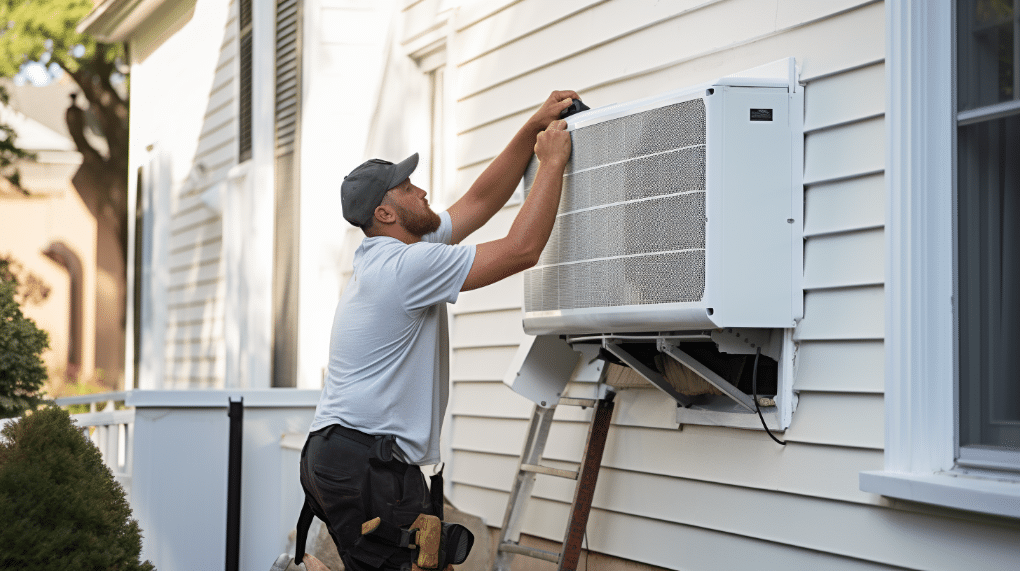 Technicien installant une pompe à chaleur moderne à l'extérieur d'une maison contemporaine, sous un ciel bleu clair, symbolisant une démarche écologique et une efficacité énergétique renouvelée.