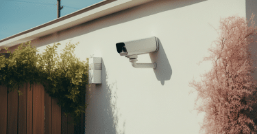 Caméra de sécurité à grand angle fixée sur le côté d'une maison dans un quartier résidentiel, évoquant à la fois sécurité et questions de vie privée.
