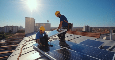 Deux professionnels mettent en place des systèmes de chauffage solaire sur fond de ciel bleu clair, soulignant la pertinence de l'énergie verte.