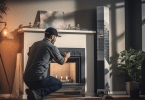 Un individu en tenue de travail examinant une cheminée contemporaine dans un salon.