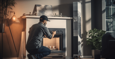 Un individu en tenue de travail examinant une cheminée contemporaine dans un salon.