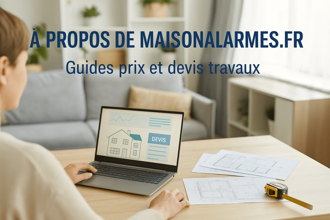 Personne consultant un guide de prix et de devis travaux sur un ordinateur portable à la maison